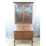 Mahogany astagal glazed bureau bookcase with fitted interior and adustable shelving, W93 x D50 x