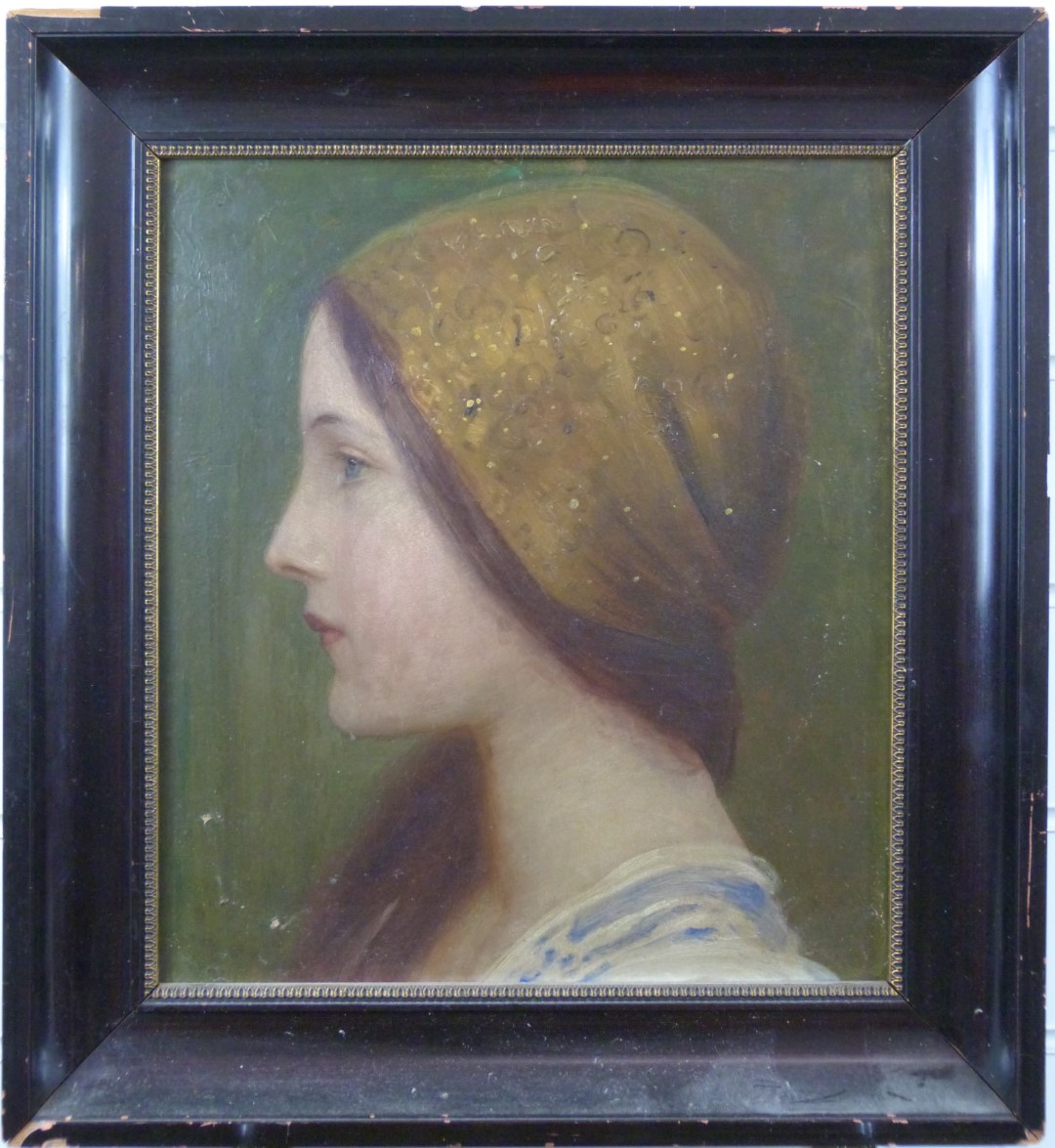Late 19thC/20thC Austrian School oil on board of a young girl with gold lamé scarf, with Vienna - Image 2 of 3