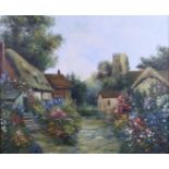 H Berner oil or acrylic on canvas cottages with flowers in bloom, signed lower left, 50 x 60cm