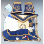 Masonic jewels, apron and ephemera including hallmarked silver gilt and blue enamel