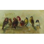 Attributed to M Campbell oil on canvas of birds on a wall, 24 x 44cm