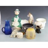 A collection of ceramics and glass including a 19thC blue glass jug, jardinière, figural duck