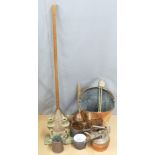 Arts and Crafts copper embossed coal bucket, two copper washing tools, copper kettle etc