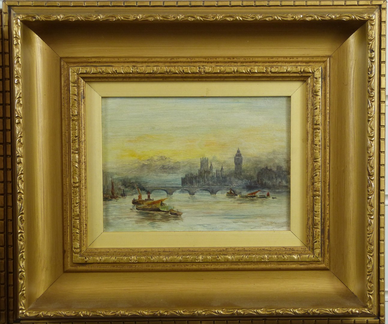 Pair of oils on board Westminster and Tower bridges with shipping, both titled and dated 1921 verso, - Image 3 of 5