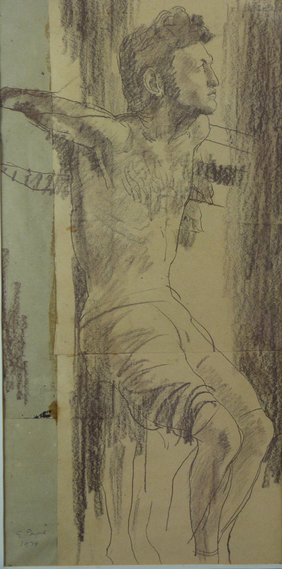 Edward Payne (1906-1991) charcoal study of Christ on the cross, for a stained glass window, signed