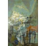 Frederick Donald Blake (Scottish RI 1908-1997) acrylic/ oil on board abstract landscape, signed