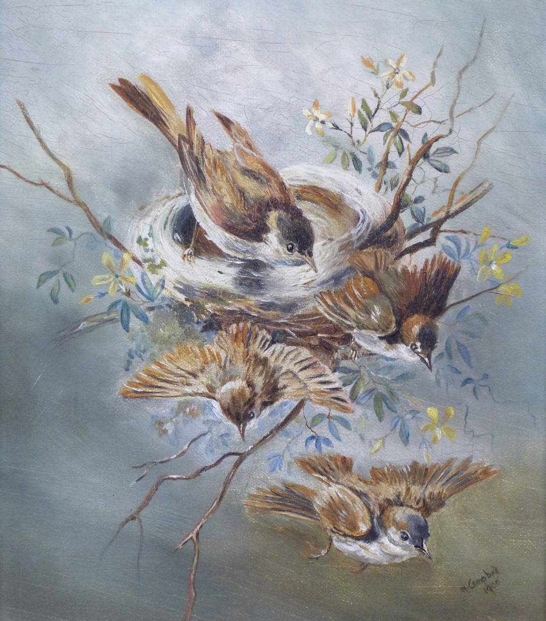 M Campbell (British School) oil on canvas fledglings leaving the nest watched by parents, signed and