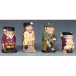 Four Royal Doulton Toby jugs, The Huntsman, Jolly Toby, Sir Francis Drake and Sherlock Holmes