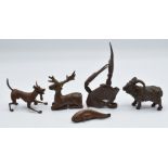 Five Japanese bronzes, a fish, deer, crab claws, dog and ram, largest 10 x 5.5cm