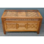 An Eastern hardwood chest with carved geometric decoration, W91 x D43 x H52cm