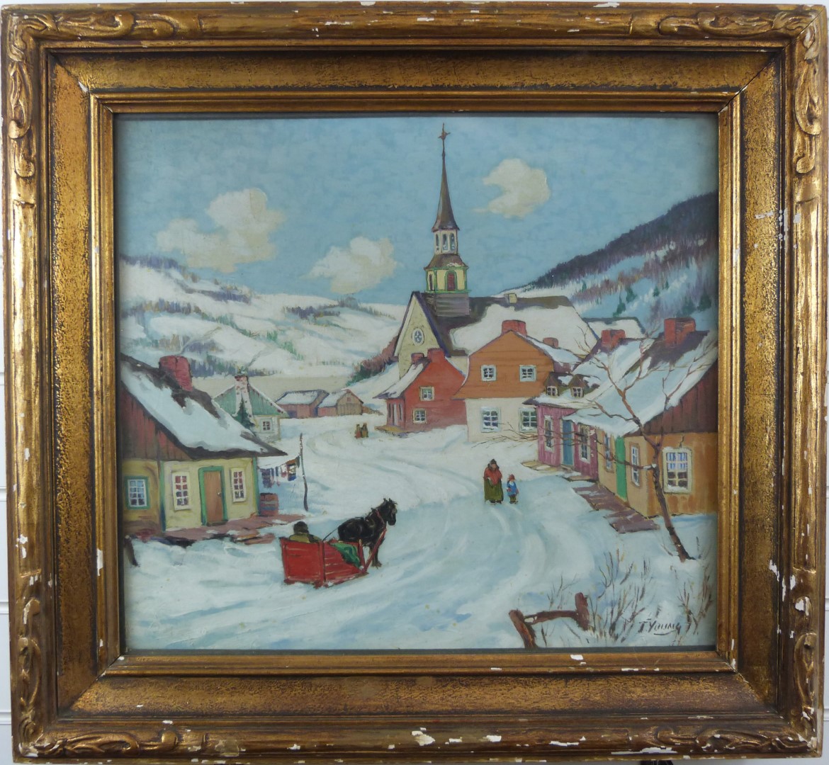 T Young oil on canvas of a Continental snowy village, signed lower right, 45 x 50cm, in gilt frame - Image 2 of 4