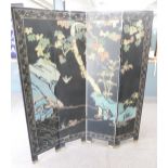Chinese four fold screen with carved and painted landscape to one side and carved, gilt and