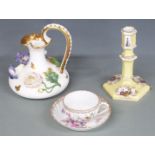 Derby flower encrusted jug, Berlin candlestick and a wrythen moulded cabinet cup and saucer