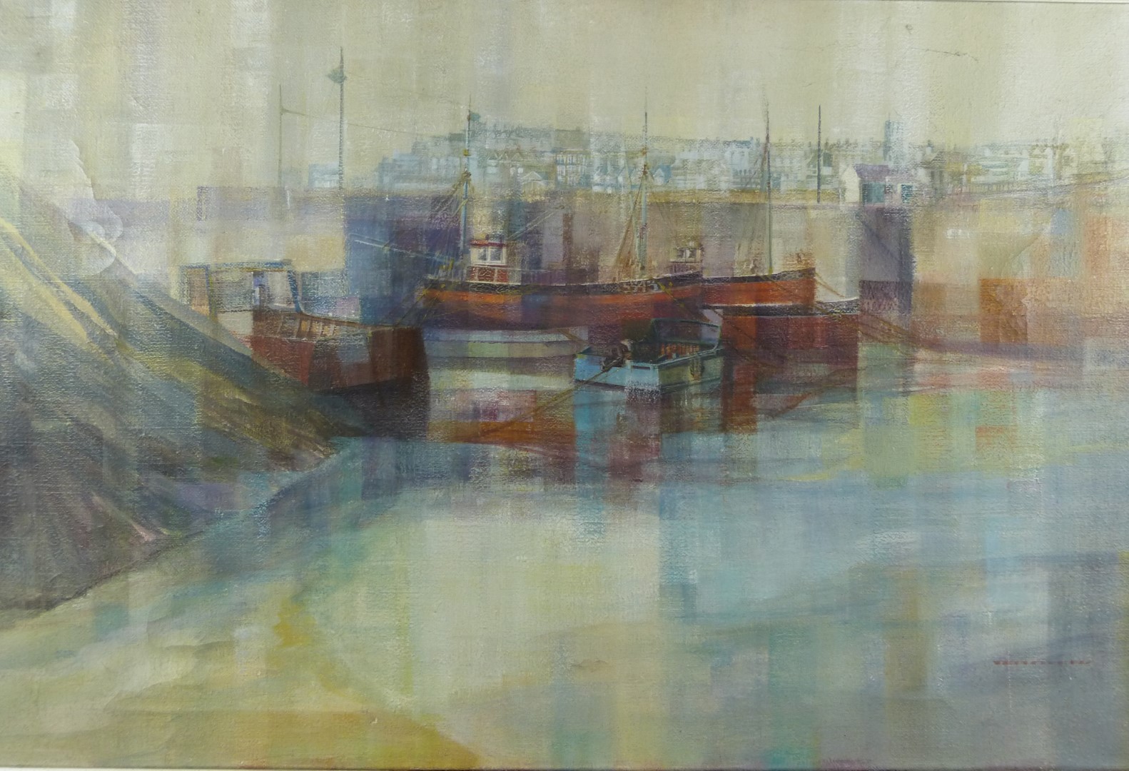 Tennyer acrylic on canvas 'Newquay' harbour scene with boats and town beyond, signed lower right and