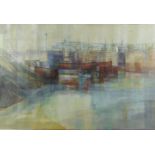 Tennyer acrylic on canvas 'Newquay' harbour scene with boats and town beyond, signed lower right and