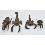 Four Japanese bronzes, two scorpions and two beetles, two marked to base, largest 9 x 3.6cm