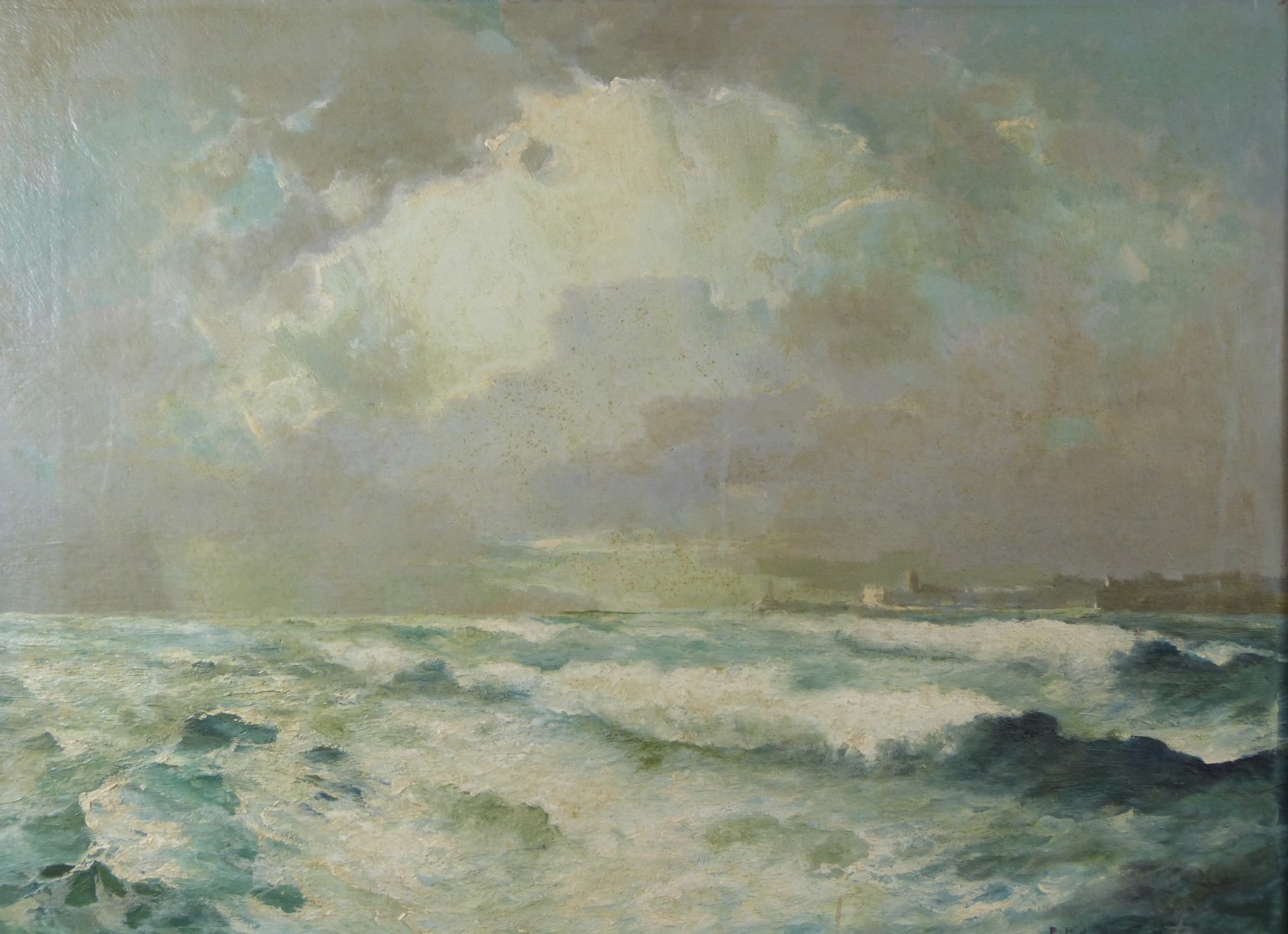 19th/20thC impressionist oil on board of a rough sea with town beyond, indistinctly signed