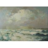 19th/20thC impressionist oil on board of a rough sea with town beyond, indistinctly signed