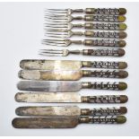 A set of six forks and knives set with mother of pearl and hardstone each reading 'J C Connell'
