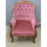 Victorian mahogany upholstered armchair raised on gnurled cabriole legs, W69 x H98cm