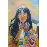 Acrylic on board 'White Feather' Apache medicine woman and healer, signed lower right L Frosh, 81