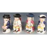 Four 19thC Toby jugs including one with top hat, sponge decorated etc, tallest 26cm