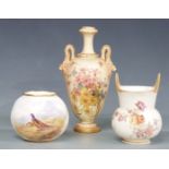 Three Royal Worcester vases including one hand decorated with pheasants signed Maybury, blush