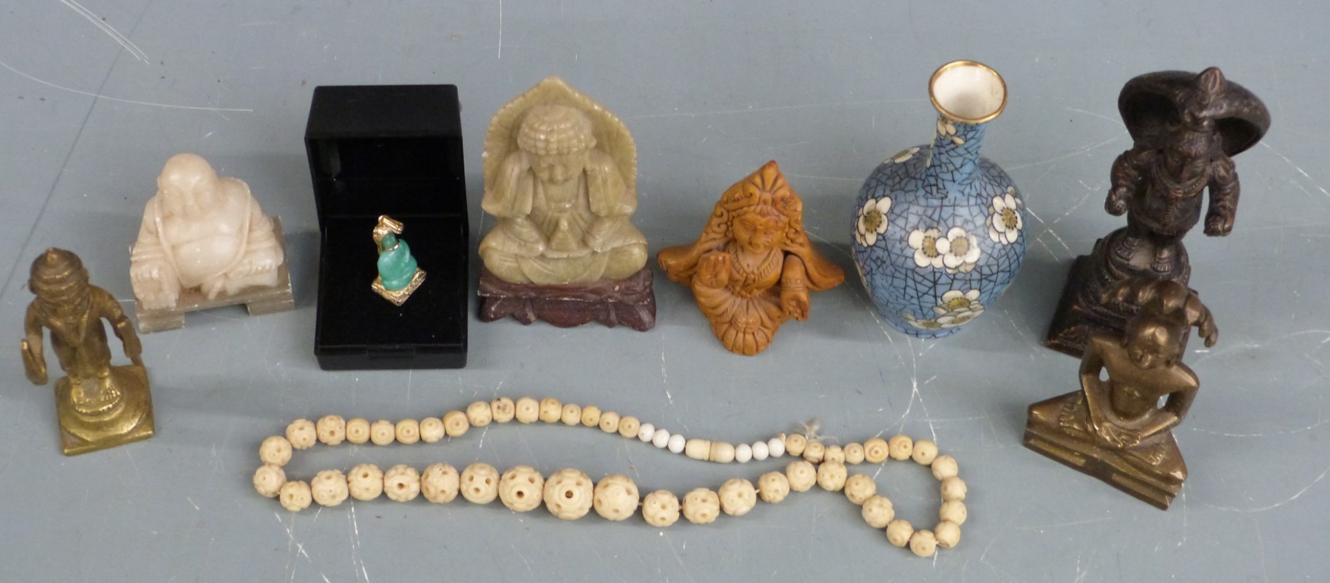 Indian bronze statue, two brass statues, Chinese crackle style vase and two soap stone carvings, - Image 3 of 4