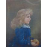 19th/20thC pastel of a blonde girl holding an apple, 60 x 45cm, in gilt frame