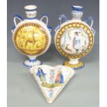 French Quimper style wall pocket and a pair of moon flasks, H29cm