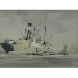 Rowland Hilder (1905-1993) watercolour of a ship in dock and a signed engraving 'North Sea Drifter