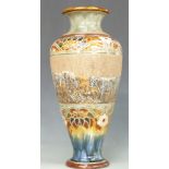 Royal Doulton Hannah Barlow exhibition quality pedestal vase, scraffito decorated with cattle and