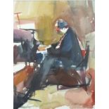Roy Freer (British, b1938 NEAL, RI, ROI) abstract watercolour of a seated musician, signed and dated