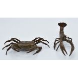 Two Japanese bronzes, a crayfish and a crab, both marked to base, largest 13 x 5cm