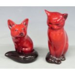 Royal Doulton flambé seated fox and cat, tallest 13cm