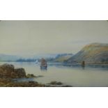 19thC watercolour coastal scene with boats in an estuary, 17 x 27cm, in gilt frame