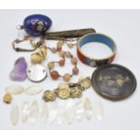 Twelve Chinese mother of pearl counters, amethyst carved pendant, Japanese compact, cinnabar lacquer