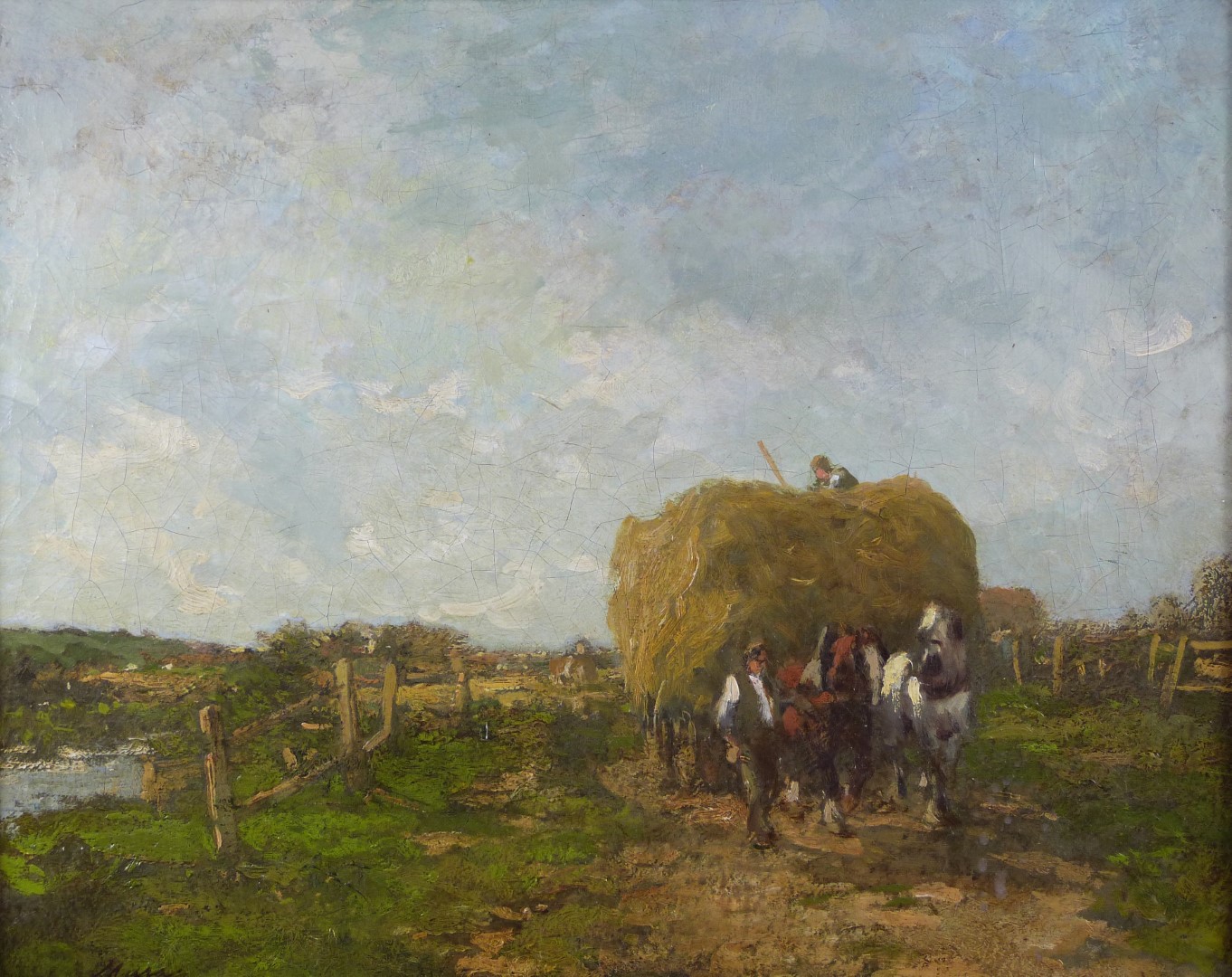 Muray impressionist oil on canvas hay cart being pulled beyond a pond, indistinctly signed lower