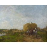 Muray impressionist oil on canvas hay cart being pulled beyond a pond, indistinctly signed lower
