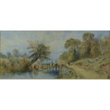 Victorian watercolour of a woman crossing wooden bridge with cattle watering, signed with monogram