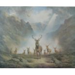 Raoul Millais (1901-1999) signed limited edition (159/500) print of stags in a Highland landscape '