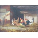 J Hill oil on canvas cockerel and hens feeding, 24 x 34cm