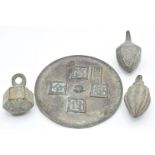 Chinese bronze mirror and three weights