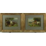 A pair of oils on board of horses, sheep and ducks, probably 19thC, in modern frames, unsigned, 13.5