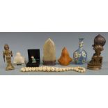 Indian bronze statue, two brass statues, Chinese crackle style vase and two soap stone carvings,