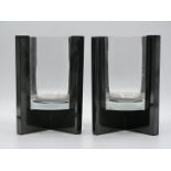 Pair of Art Deco style glass vases with black cross supports, 20.5cm tall.