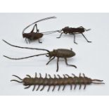 Four Japanese bronzes depicting insects, largest 15.5 x 3.5cm