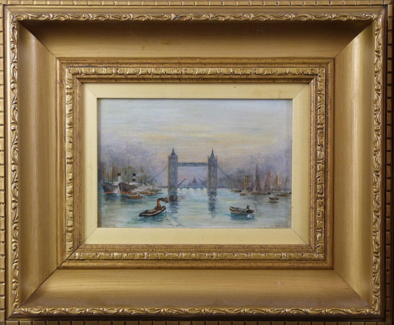 Pair of oils on board Westminster and Tower bridges with shipping, both titled and dated 1921 verso, - Image 5 of 5