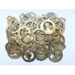 Approximately 30 of horse brasses, mainly place names including Llangollen canal, Warwick, Devon,
