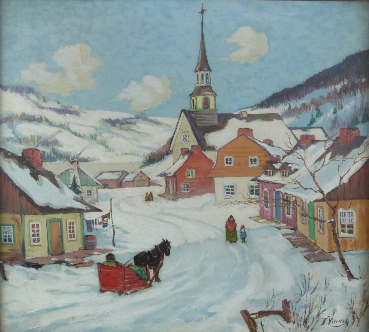 T Young oil on canvas of a Continental snowy village, signed lower right, 45 x 50cm, in gilt frame
